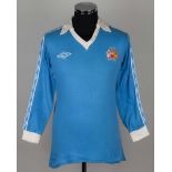 Paul Power sky-blue and white No.6 Manchester City match worn long-sleeved shirt, 1978