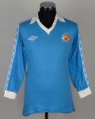 Paul Power sky-blue and white No.6 Manchester City match worn long-sleeved shirt, 1978