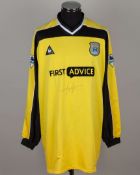 Carlo Nash yellow and black No.20 Manchester City match worn goalkeepers shirt, 2002-03