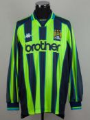 Tony Vaughan yellow and navy No.13 Manchester City match worn playoff final shirt, 1999