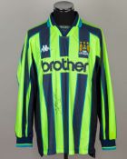 Jeff Whitely yellow and navy No.8 Manchester City match worn playoff final shirt, 1999