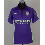 Sergio Aguero purple and yellow No.16 Manchester City match prepared shirt, 2014-15
