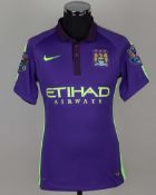 Sergio Aguero purple and yellow No.16 Manchester City match prepared shirt, 2014-15