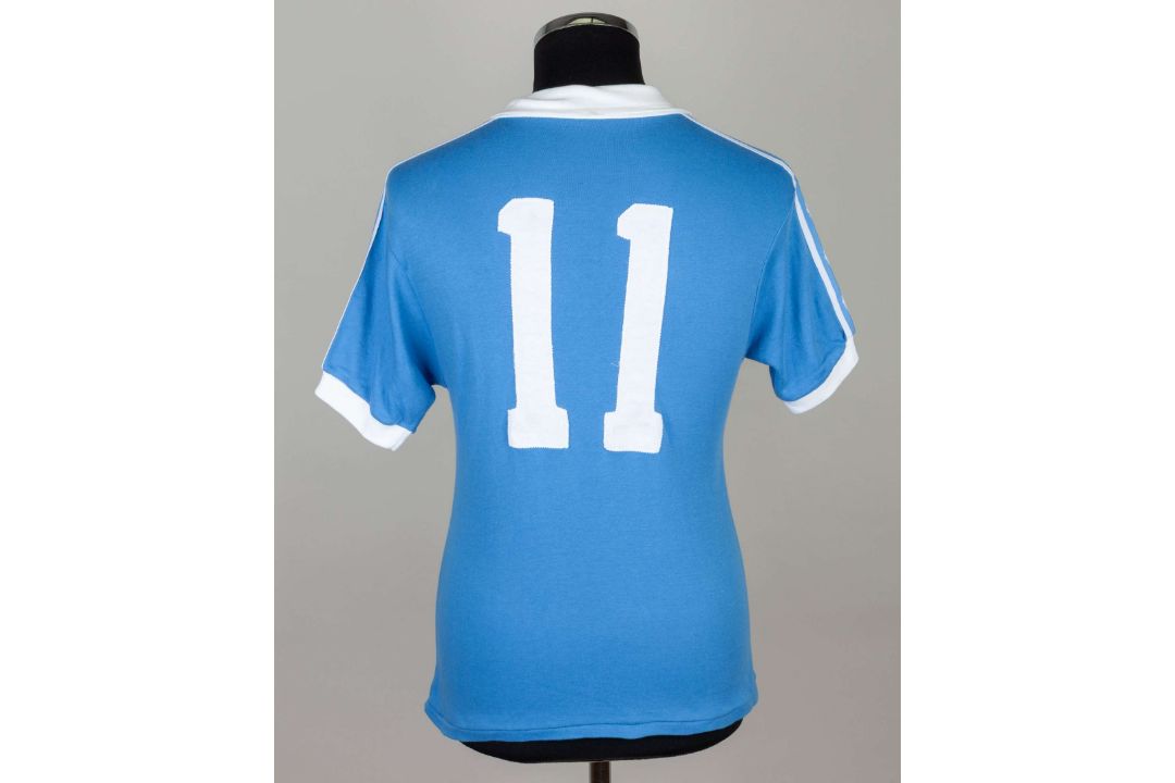 Sky-blue and white No.11 Manchester City match worn short-sleeved shirt, 1977-78 - Image 2 of 4