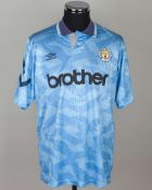 Terry Phelan sky-blue No.3 Manchester City match worn short-sleeved shirt, 1992-93