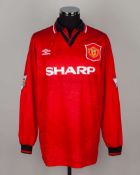 Gary Neville red and black No.20 Manchester United long-sleeved shirt, 1995-96