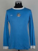 Tommy Booth sky-blue and white No.5 Manchester City long-sleeved shirt, 1975