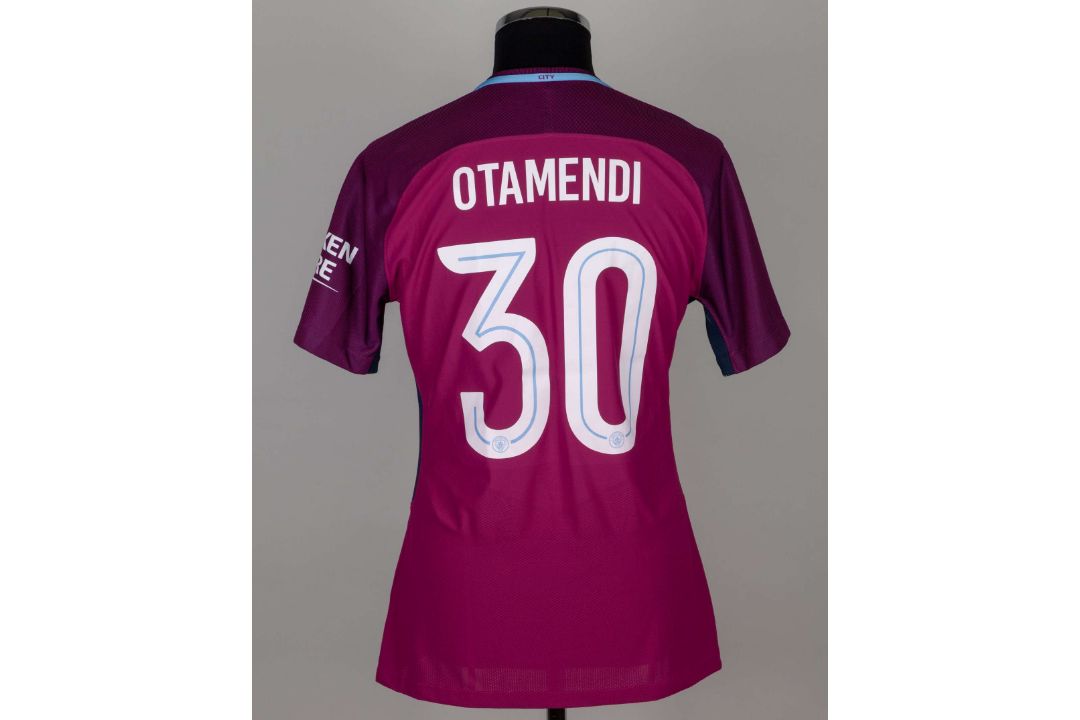 Nicolas Otamendi purple No.30 Manchester City v. Cardiff City match worn shirt, 2018 - Image 2 of 5