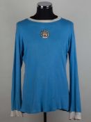 Colin Bell sky-blue and white No.8 Manchester City long-sleeved shirt, 1973-74