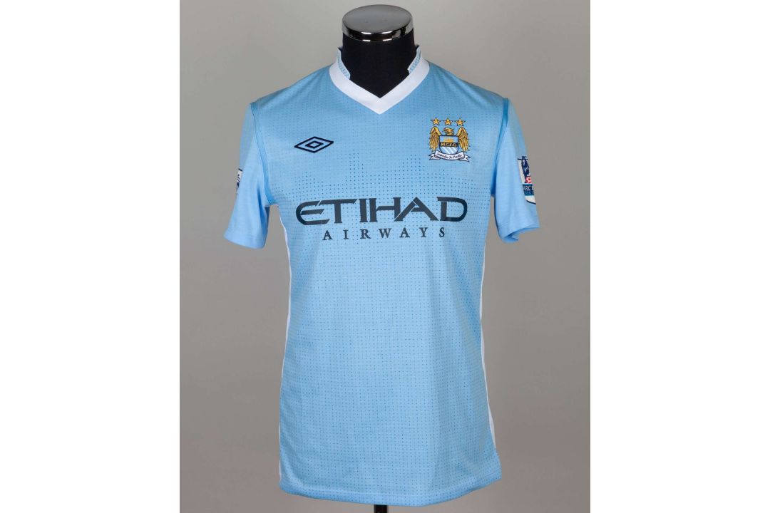 Carlos Tevez sky-blue and white No.32 Manchester City shirt v Wigan Athletic, 2011 - Image 1 of 5