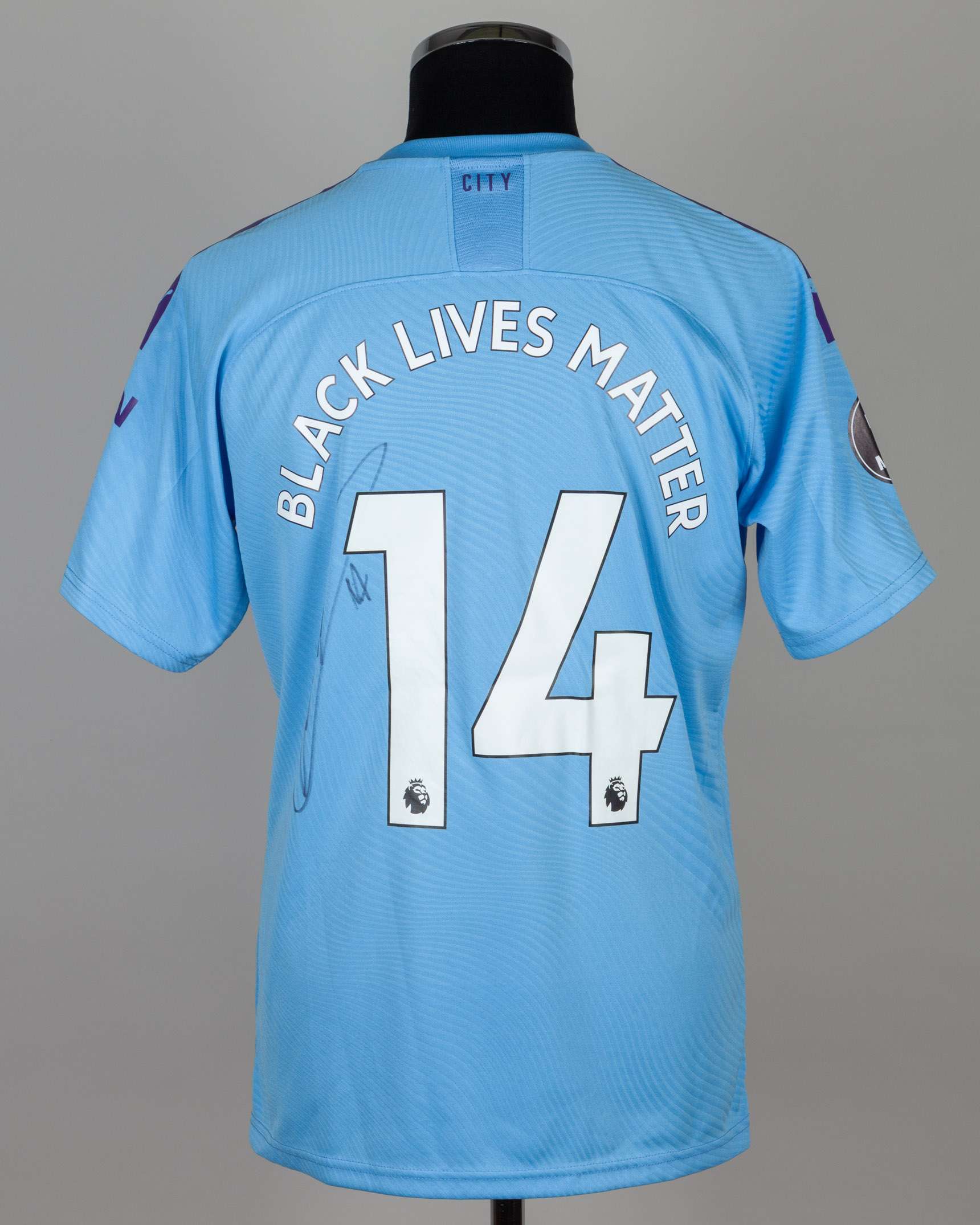 Aymeric Laporte sky-blue and purple No.14 Manchester City match worn shirt, 2020 - Image 2 of 6
