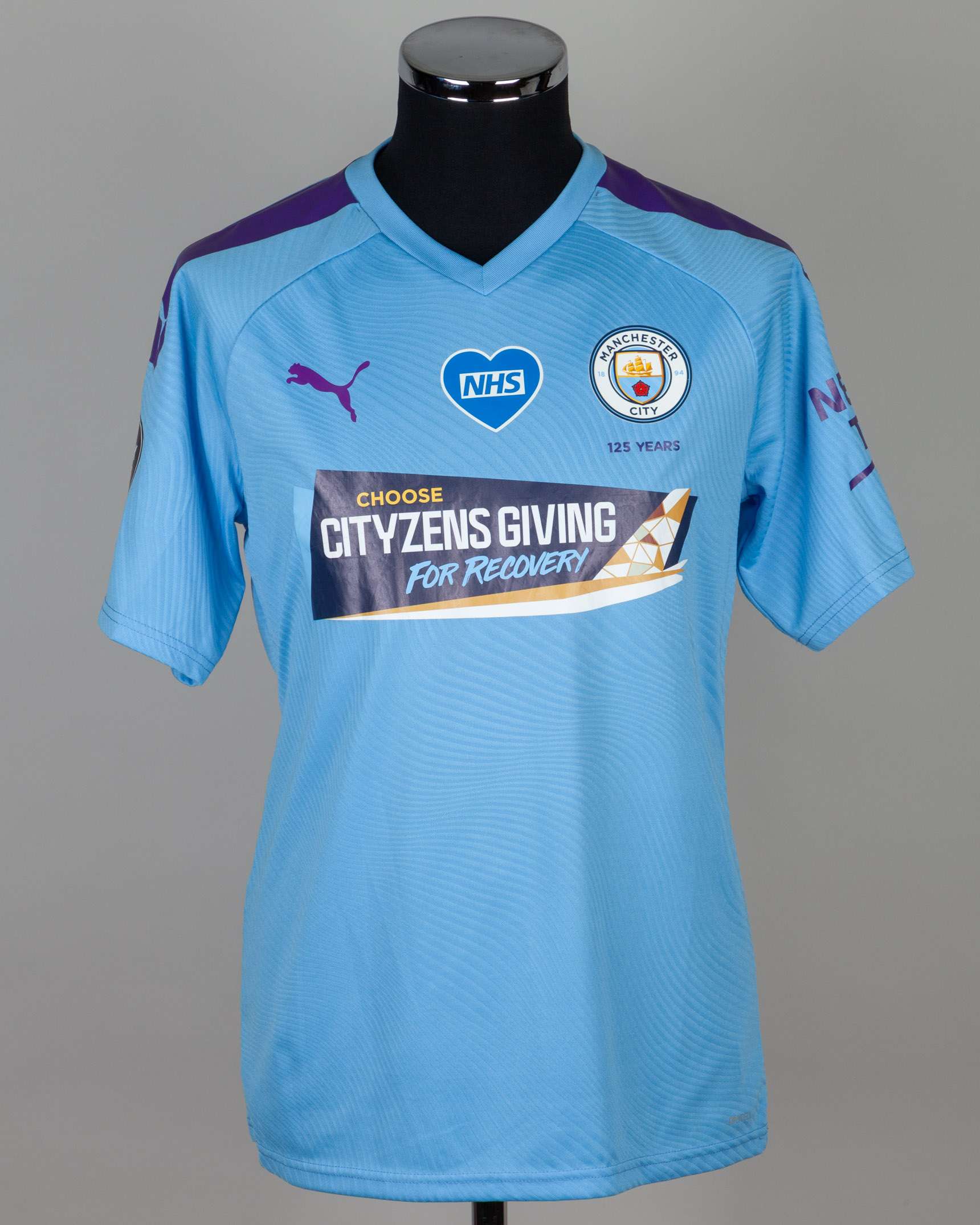 Aymeric Laporte sky-blue and purple No.14 Manchester City match worn shirt, 2020