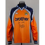 Tommy Wright orange and navy No.1. Manchester City long-sleeved shirt, 1997-98