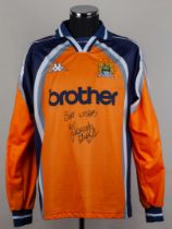 Tommy Wright orange and navy No.1. Manchester City long-sleeved shirt, 1997-98