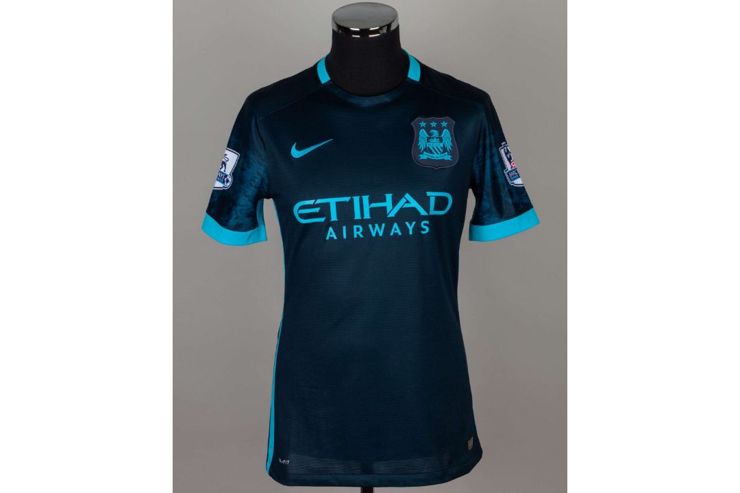 Raheem Sterling blue No.7 Manchester City match worn short-sleeved shirt, 2016 - Image 1 of 5