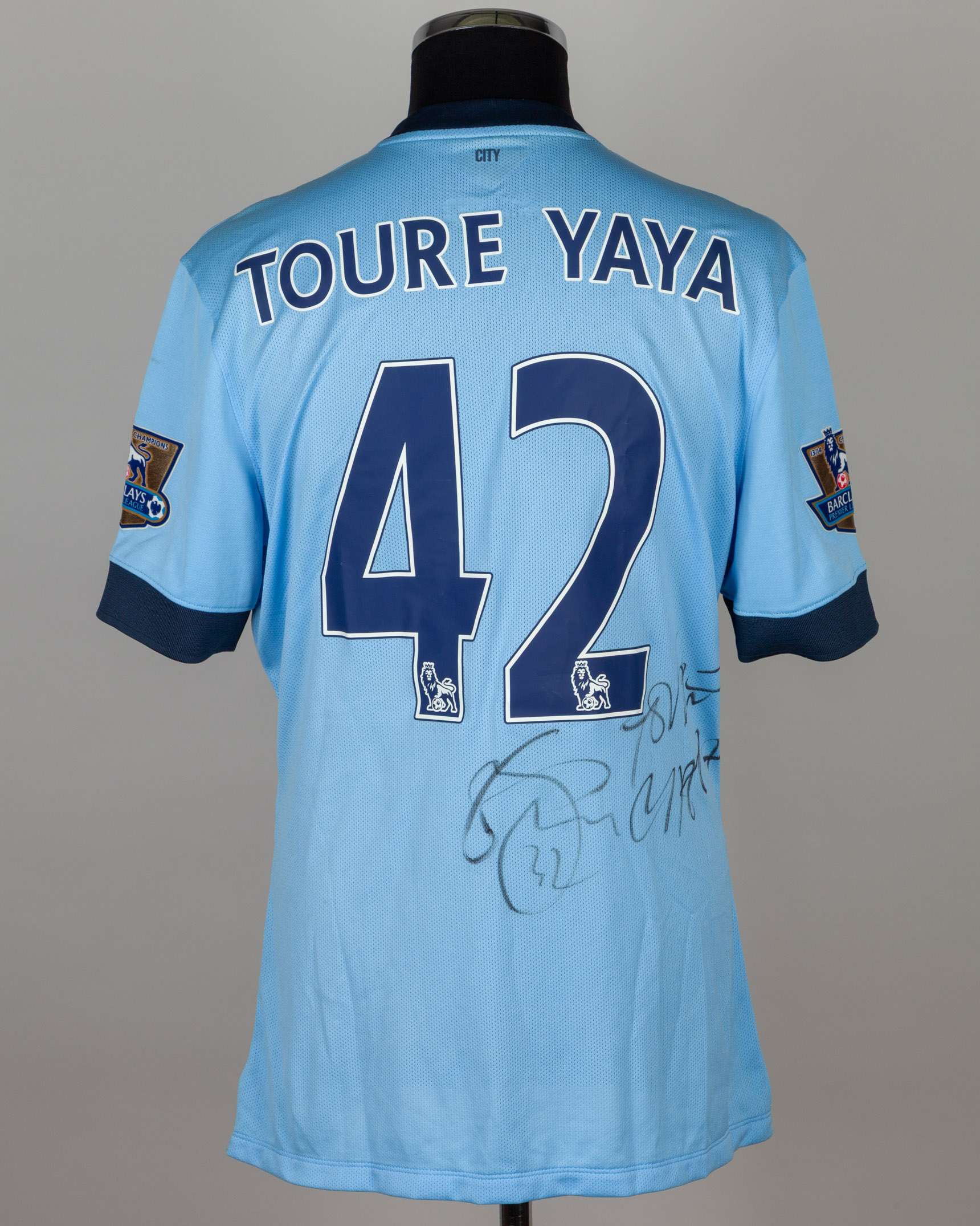 Yaya Toure sky-blue No.42 Manchester City match worn short-sleeved shirt, 2014-15 - Image 2 of 6