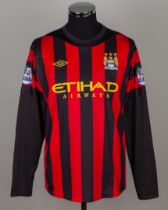 Joleon Lescott black and red No.6 Manchester City match worn long-sleeved shirt, 2011