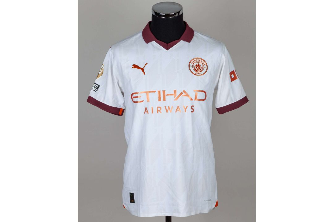 Kalvin Phillips white and maroon No.4 Manchester City match prepared shirt, 2023 - Image 1 of 4