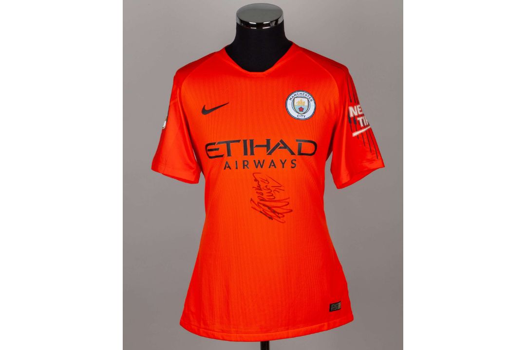Ederson orange and black No.31 Manchester City match worn short-sleeved shirt, 2019 - Image 1 of 5