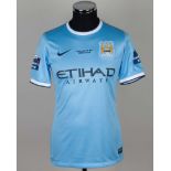 Fernandinho sky-blue and white No.25 Manchester City match worn short-sleeved shirt, 2014