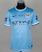 Fernandinho sky-blue and white No.25 Manchester City match worn short-sleeved shirt, 2014
