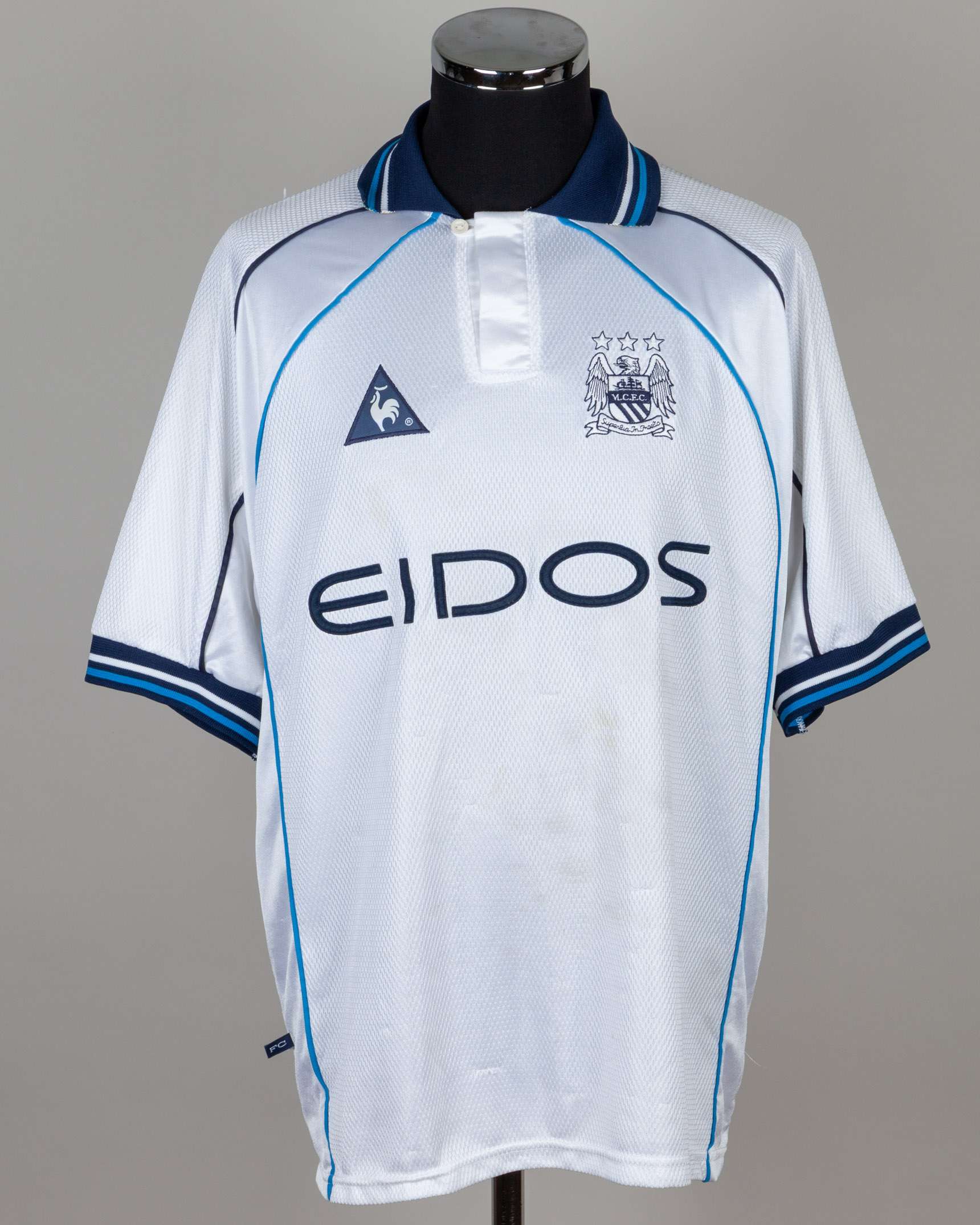 Lee Crooks white and blue No.2 Manchester City match worn short-sleeved shirt, 1999