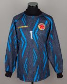 Andy Goram black and blue No.1 Columbia match worn goalkeepers shirt, 1996
