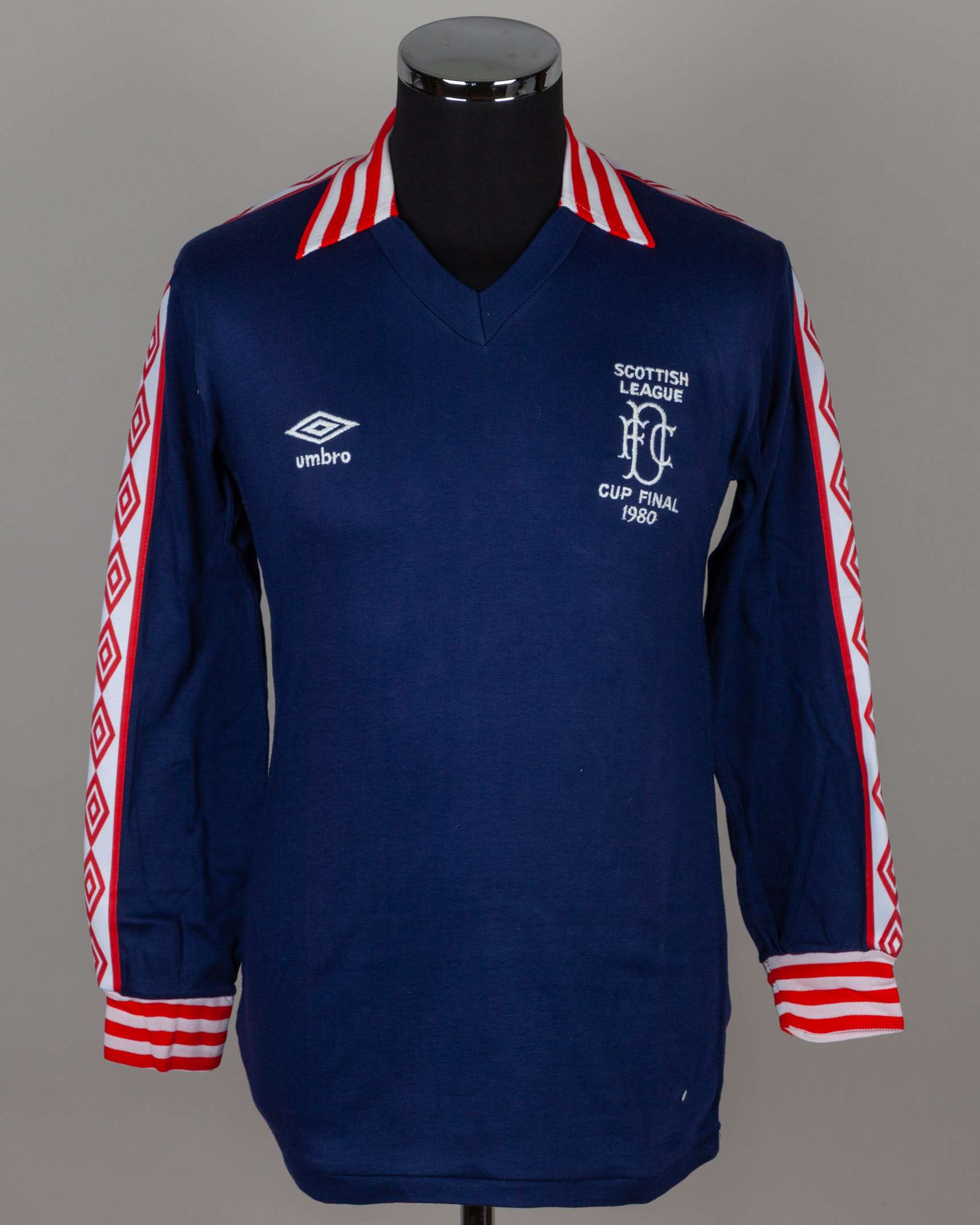 Blue unnumbered Dundee v. Dundee United Scottish League Cup Final long-sleeved shirt, 1980