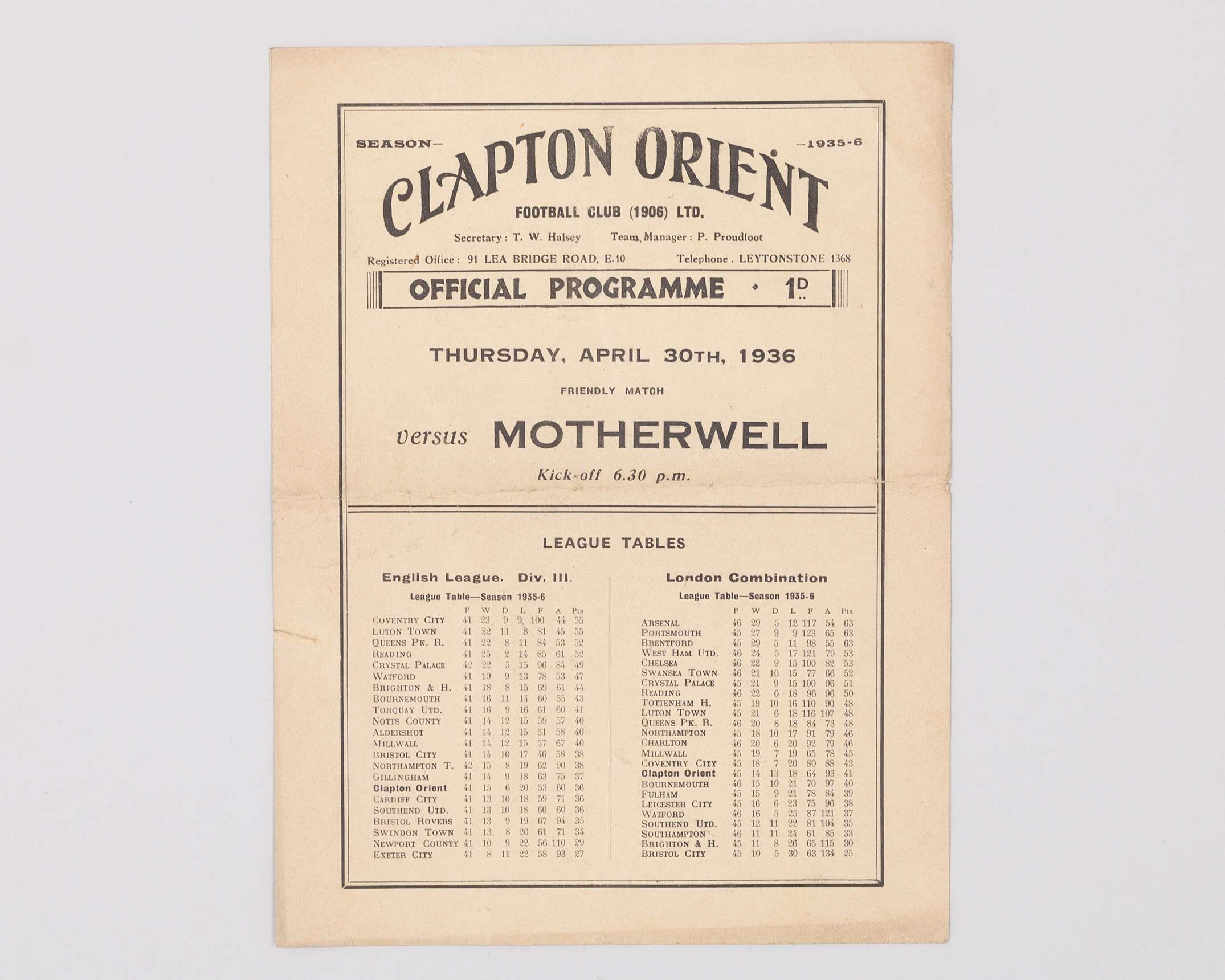 Clapton Orient v. Motherwell Friendly match programme, 30th April 1936