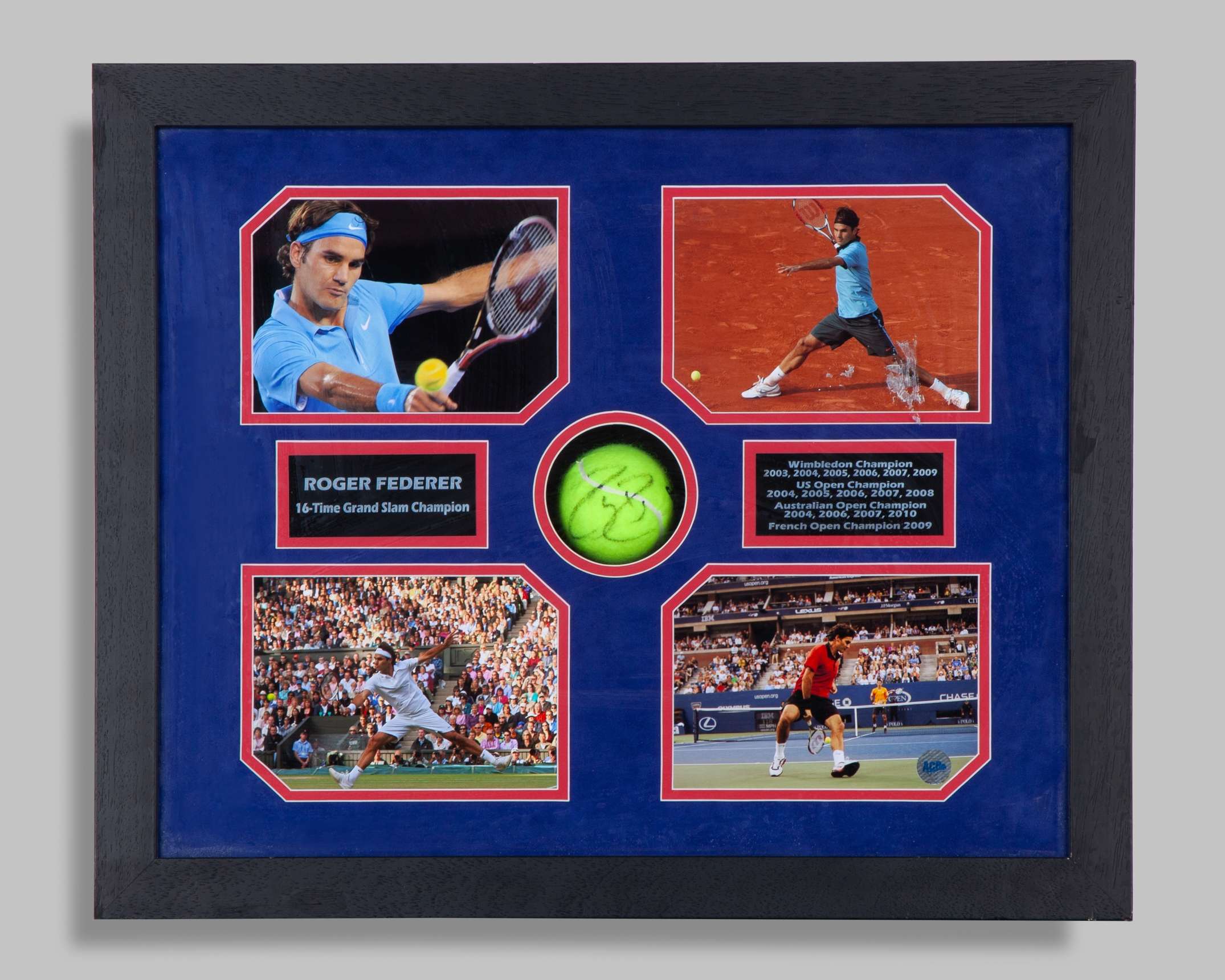 Roger Federer a signed Federer tennis ball, in common-mount, framed, 44 x 56cm