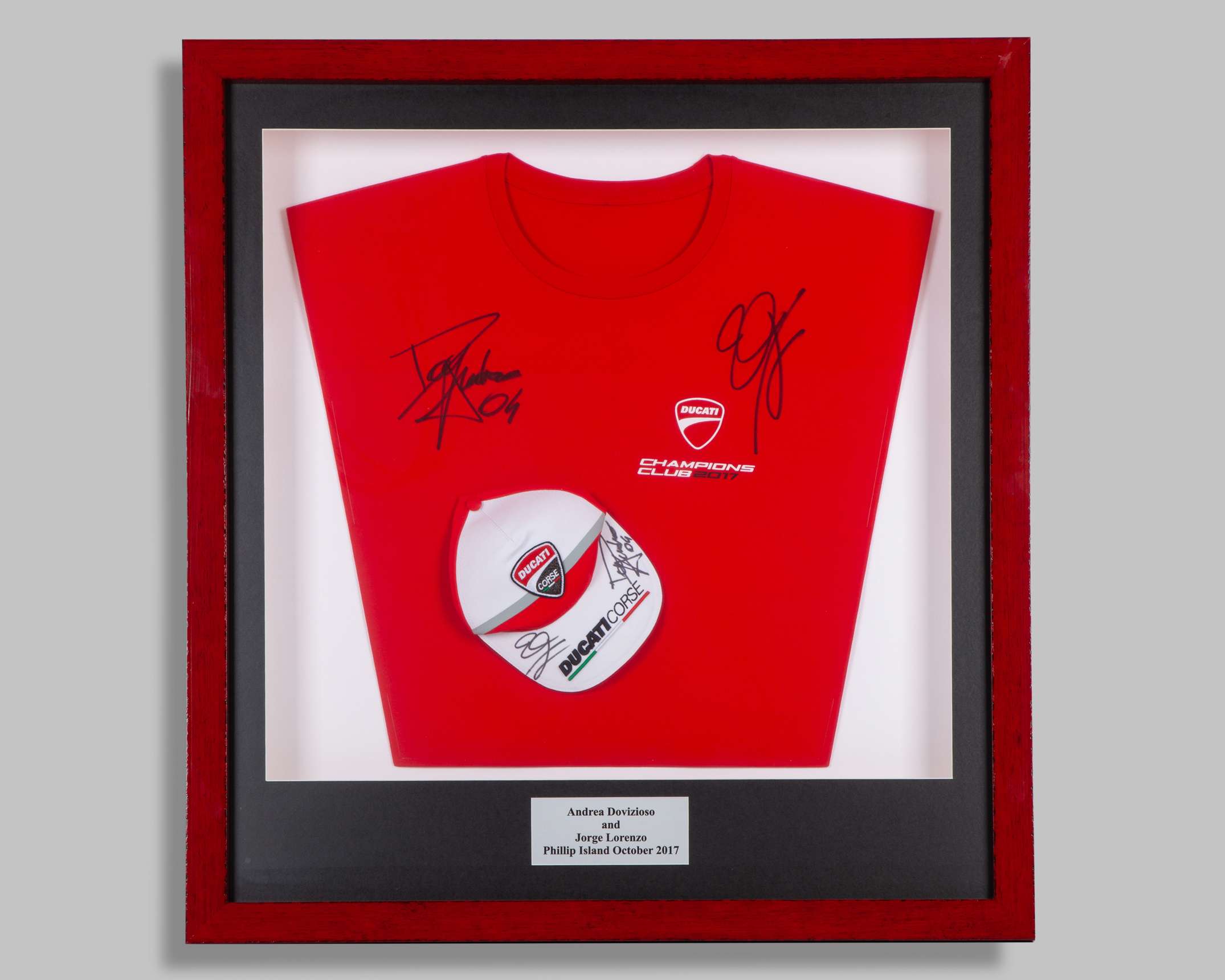 Jorge Lorenzo & Andrea Dovizioso 2017 Australian Moto GP Signed Framed Shirt & Cap