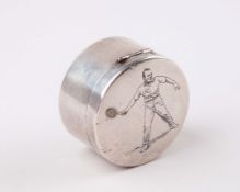 American sterling silver postage stamp dispenser featuring a tennis player, circa 1890s
