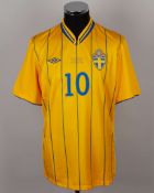 Zlatan Ibrahimovic yellow and blue No.10 Sweden v. England short-sleeved shirt, 2012