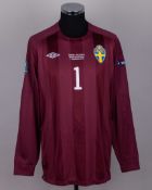 Andreas Isaksson maroon No.1 Sweden v. San Marino match issued goalkeepers shirt, 2010
