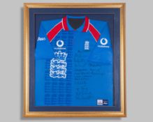 Blue and red England ODI Cricket autographed short-sleeved shirt, 1999