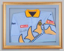 Sachin Tendulkar autographed blue and yellow India ODI cricket short-sleeved shirt, 1999