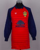 Thomas Ravelli red and blue No.1 Sweden goalkeepers shirt, 1984