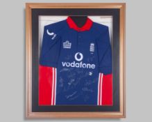 Nick Knight blue and red No.1 England ODI cricket autographed short-sleeved shirt, 2002-03