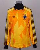 Pat Jennings yellow and black No.1 Northern Ireland World Cup goalkeepers shirt, 1986