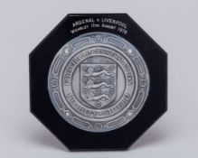 Pat Jennings a silver-mounted and bakelite Arsenal v. Liverpool Charity Shield plaque, 1979