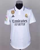Eduardo Camavinga white No.12 Real Madrid v. Villarreal match worn short-sleeved shirt, 2023