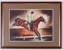 David Denyer (British, b.1937) acrylic painting of Arkle with Pat Taaffe up jumping a fence