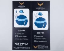 Paddock parade pennants for 2012 Falmouth Stakes winner Giofra signed by Christophe Soumillon