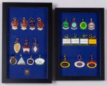 A pair of framed displays of metal & enamel racecourse badges