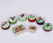 Group of eight enamel boxes featuring racehorses