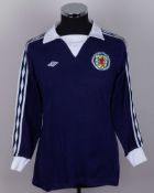 Gordon McQueen blue and white No.4 Scotland match worn long-sleeved shirt, late 1970s