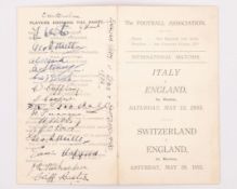 1933 Italy v England and Switzerland v. England autographed four page itinerary