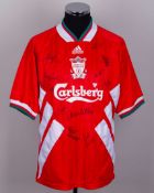A red replica Liverpool autographed shirt, 1993-95