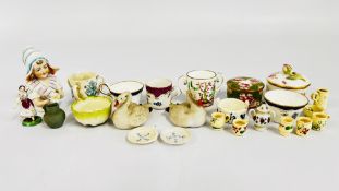 A TRAY OF ASSORTED MINIATURE CHINA & DOLLS HOUSE TO INCLUDE COALPORT & DRESDEN, GOSS ETC.