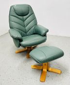 A GOOD QUALITY LEATHER RECLINING EASY CHAIR WITH FOOTSTOOL.